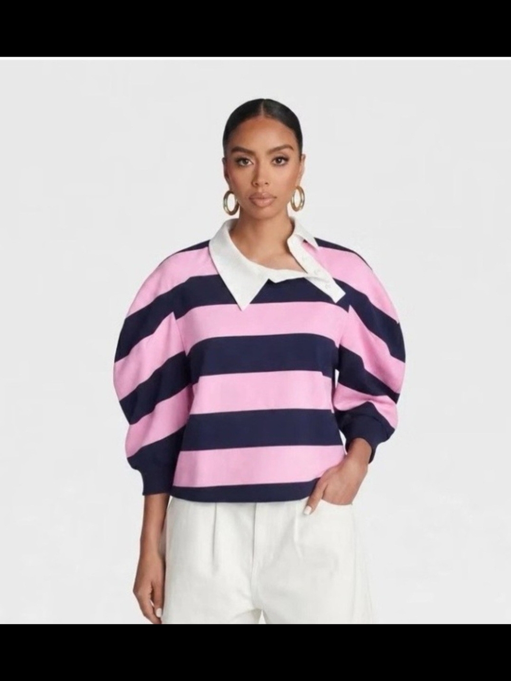 KBB by Khalana Puff-Sleeve Rugby Polo Top - Pink & Navy